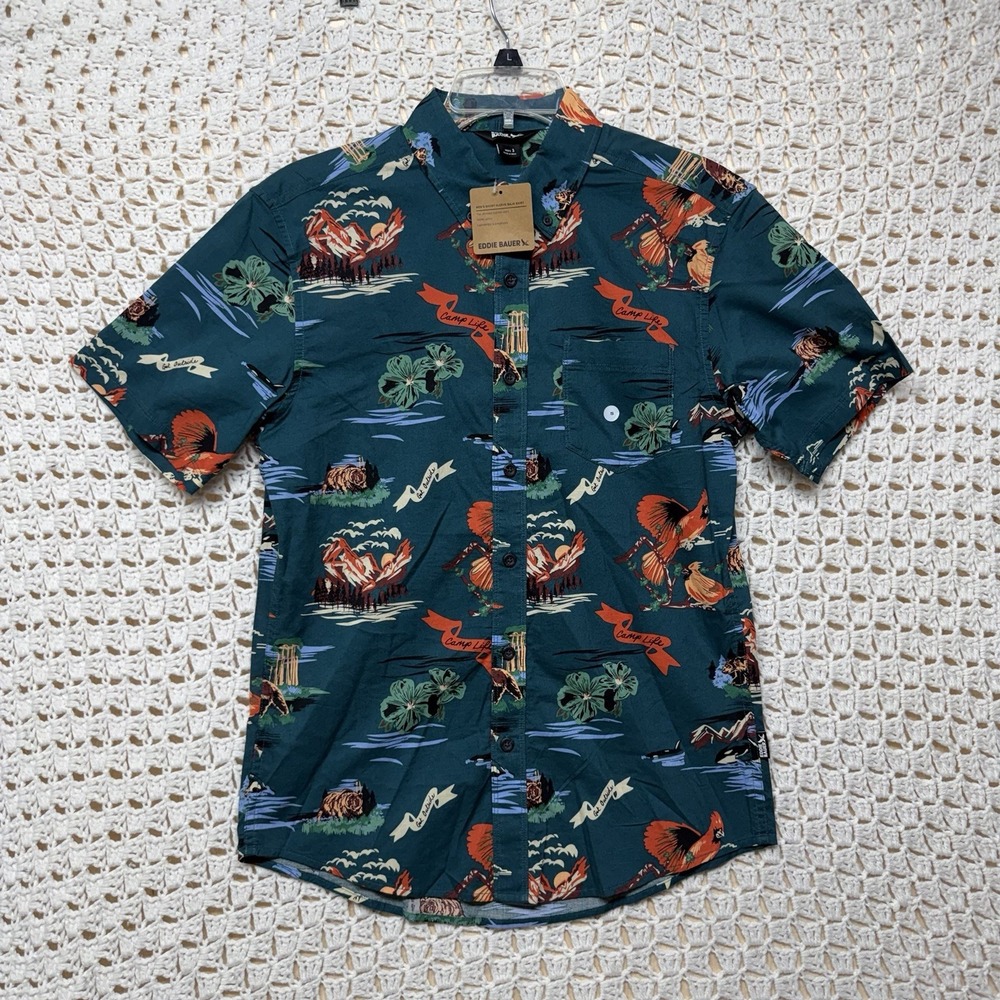 Eddie Bauer Kingston Button Down Shirt Mens S Green Floral Camp Life Hiking NWT
